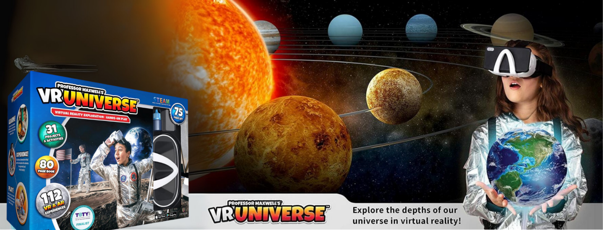 VR Universe product packaging with a person using VR goggles against a space-themed background